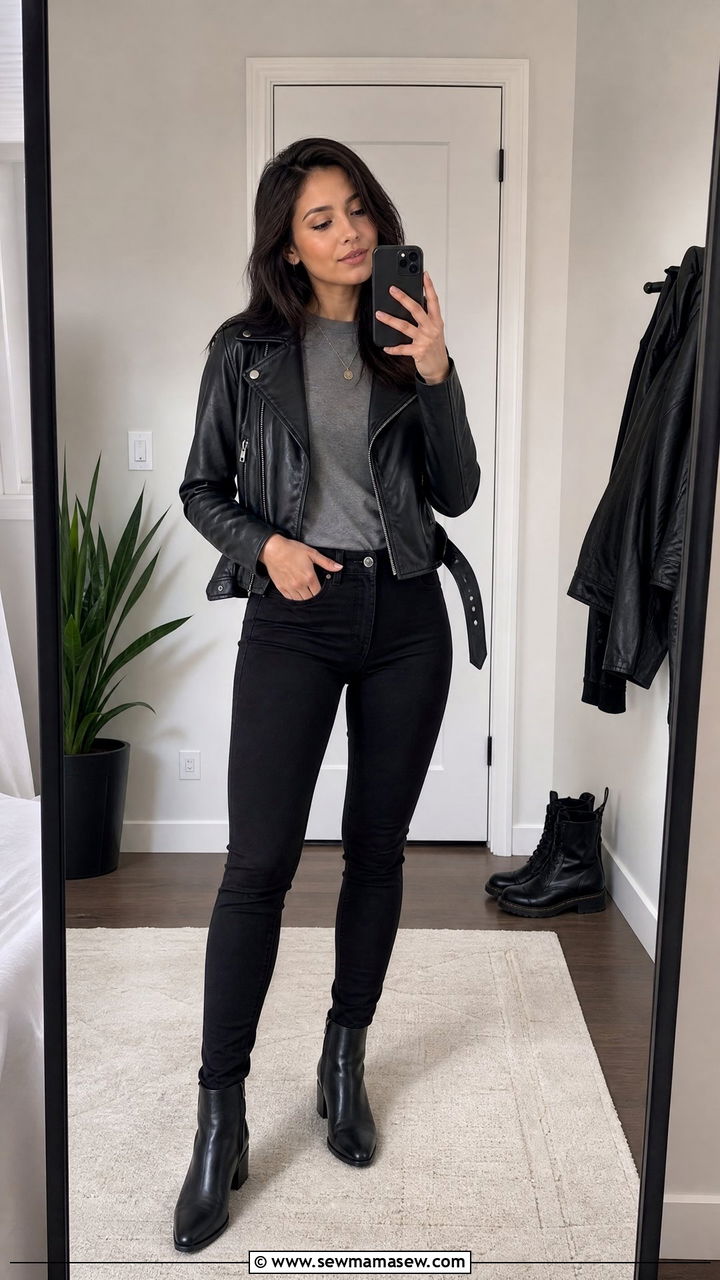 Petite black jeans with leather jacket - 30 Petite jeans outfit ideas