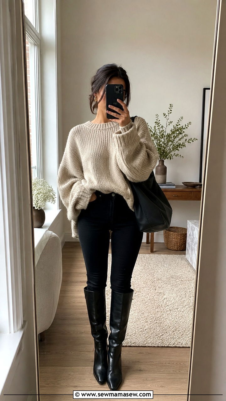 Petite black jeans with oversized knit - 30 Petite jeans outfit ideas