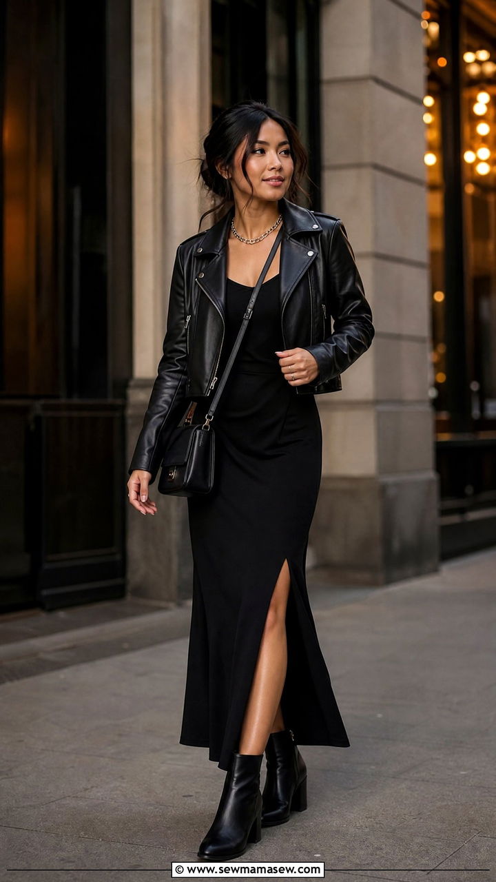 Petite black maxi dress with leather jacket and ankle boots - 25 Petite outfit ideas with maxi dress