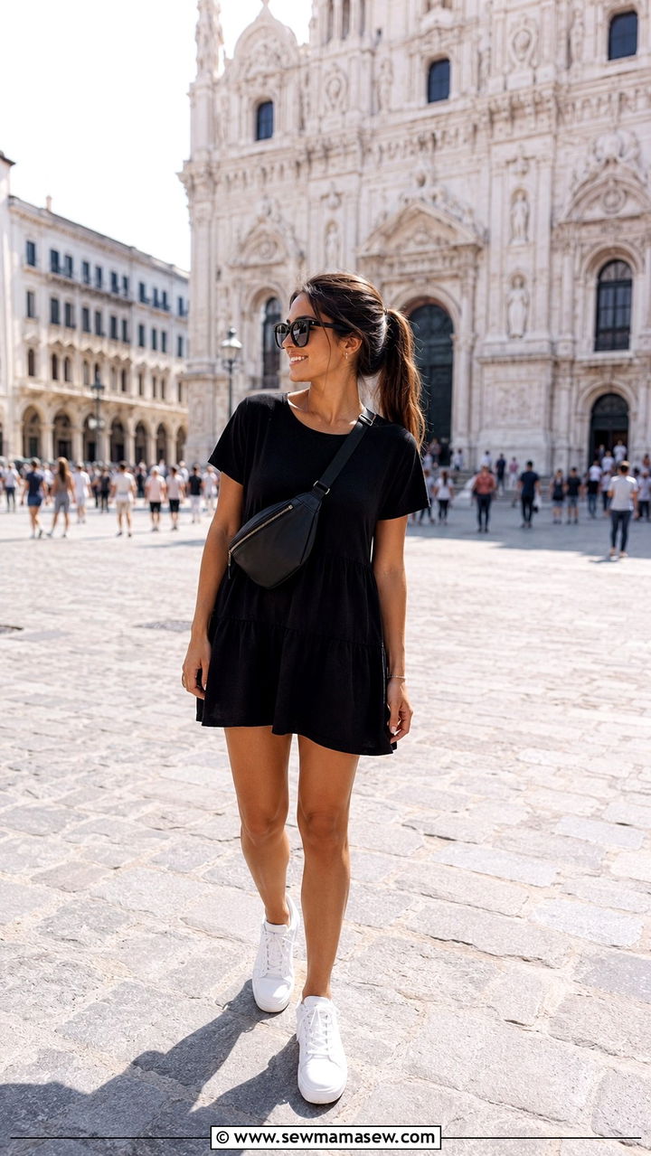 Petite black mini dress and white sneakers outfit - 25 Petite outfit ideas for travel