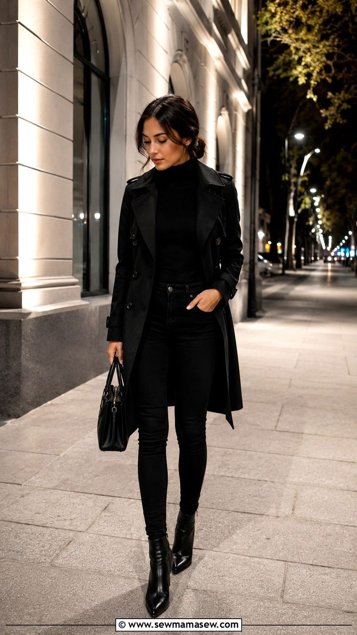 Petite black trench coat with black turtleneck and black skinny jeans - 25 Petite outfit ideas with trench coat