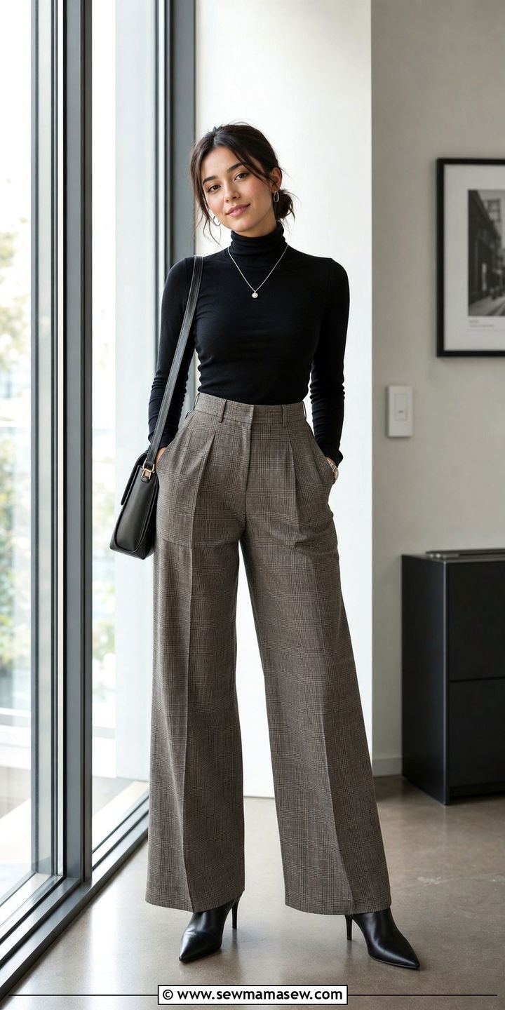Petite black turtleneck with plaid wide leg pants - 35 Business casual outfits for petite women
