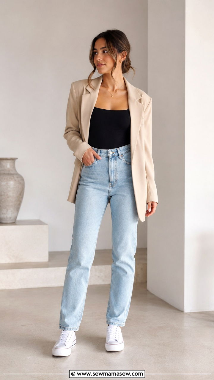 Petite bodysuit and jeans with sneakers outfit - 25 Petite jeans outfit ideas with sneakers