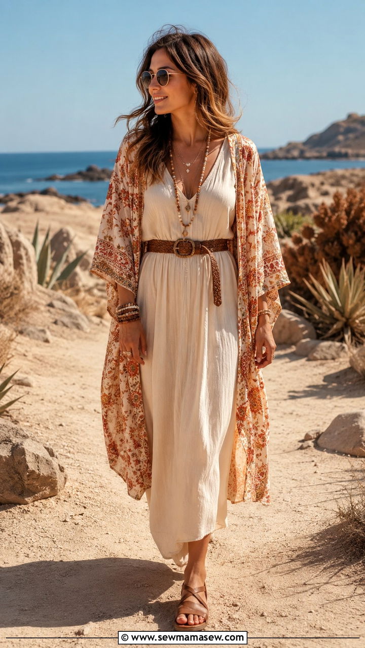 Petite boho maxi dress with kimono and flat leather sandals - 25 Petite outfit ideas with maxi dress