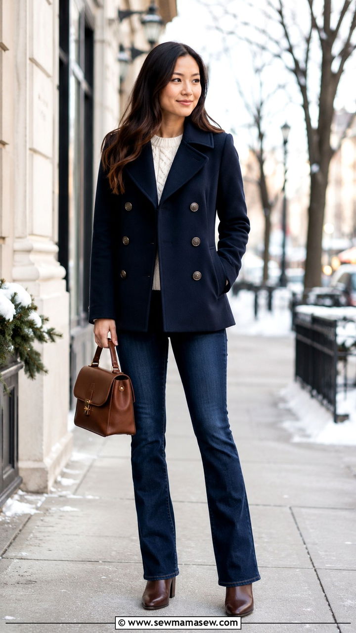 Petite bootcut jeans with peacoat - 30 Petite jeans outfit ideas
