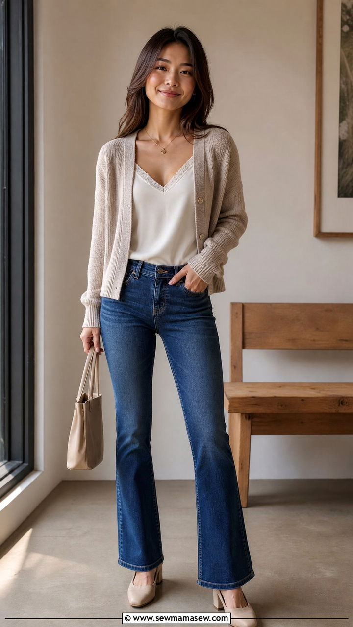 Petite bootcut jeans with v neck cardigan - 30 Petite jeans outfit ideas