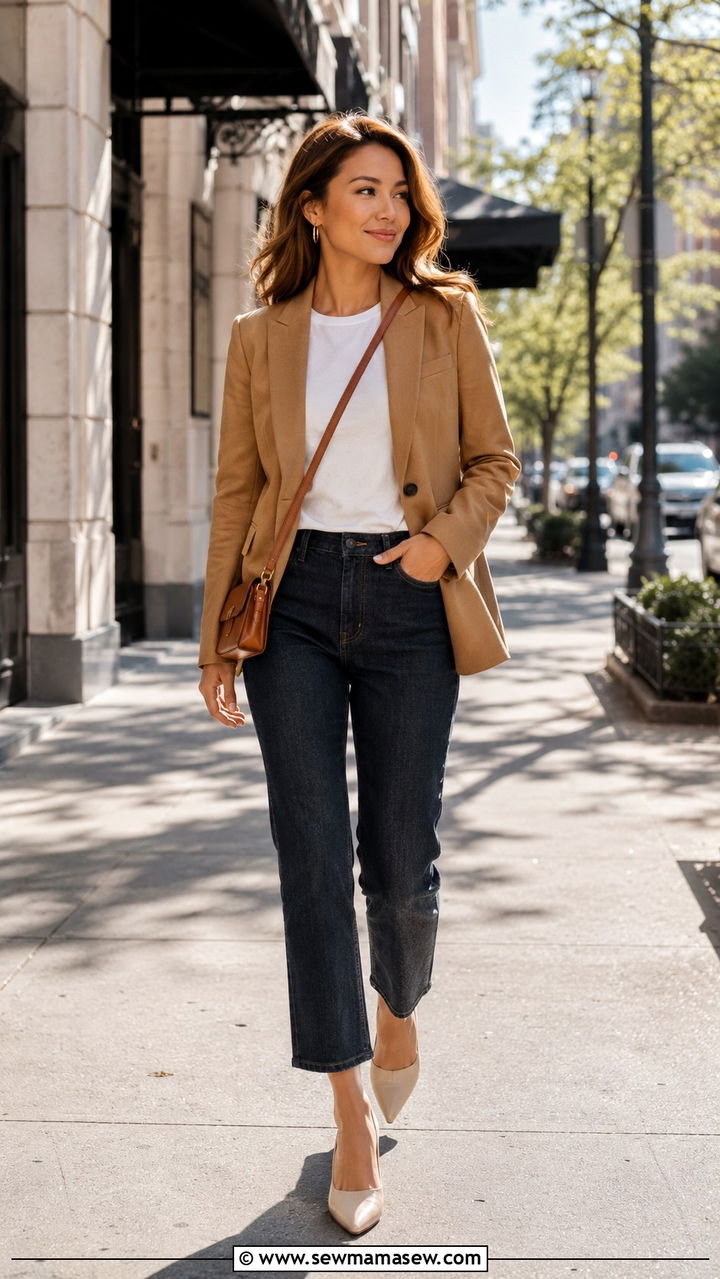 Petite business casual outfit with camel blazer and dark jeans - 25 Petite work capsule wardrobe