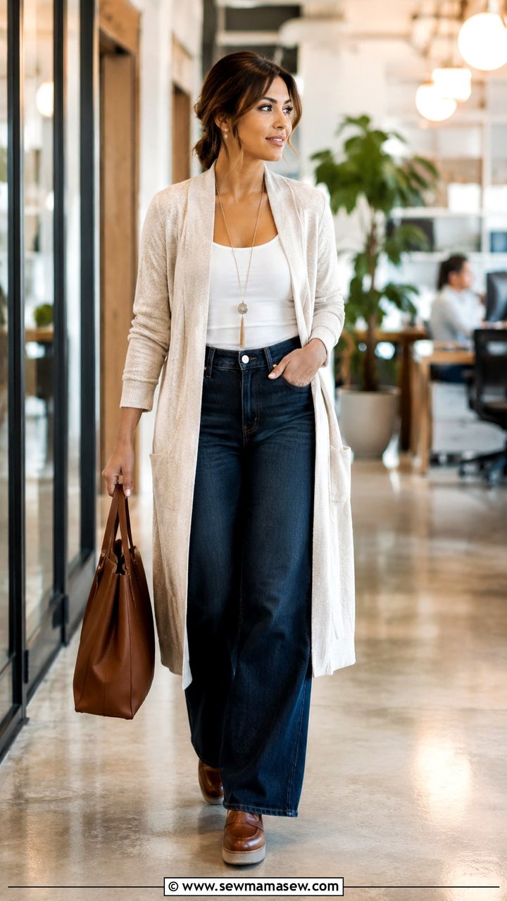 Petite casual office outfit with duster cardigan and wide leg jeans - 25 Petite work capsule wardrobe