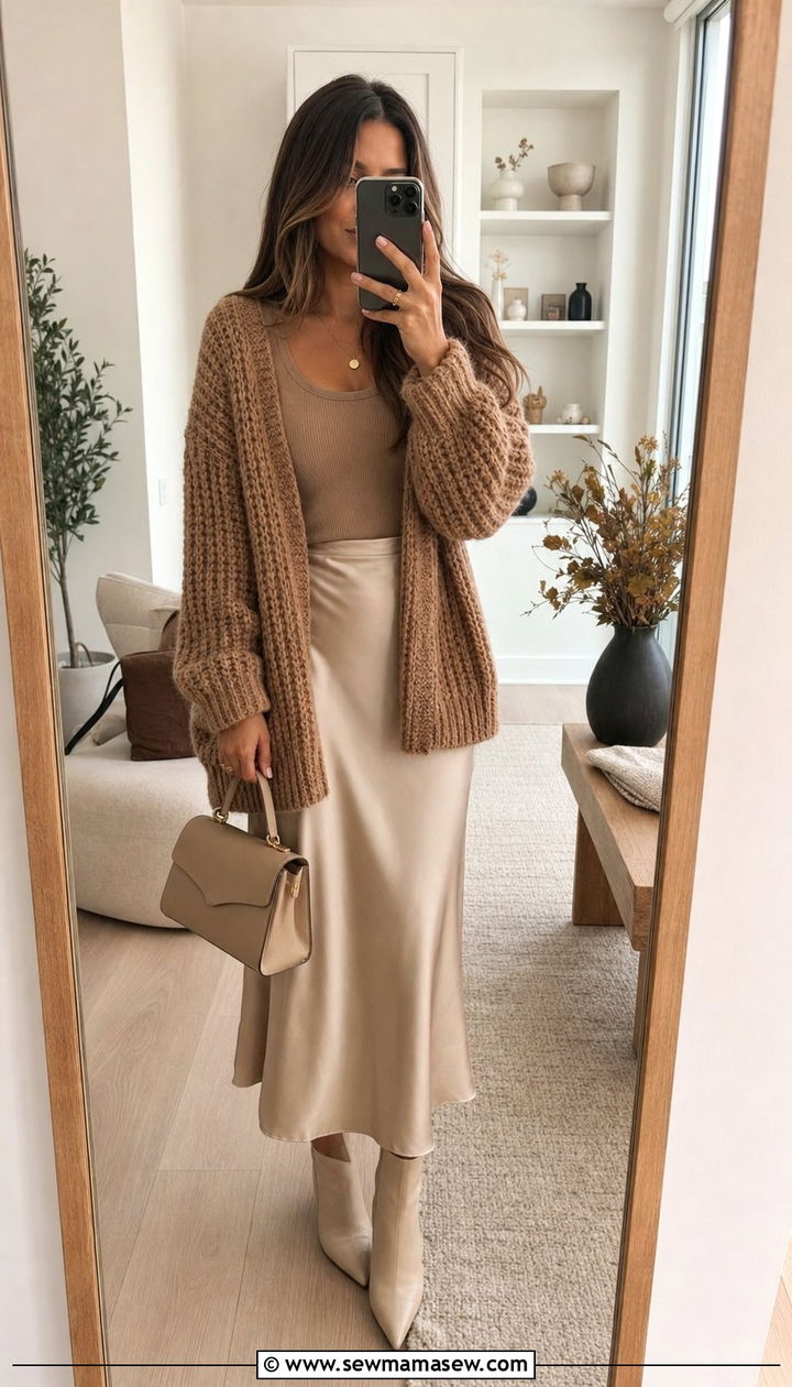 Petite chunky knit cardigan with slip midi skirt - 35 Business casual outfits for petite women