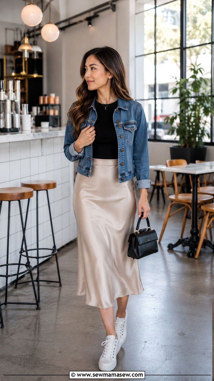 Petite city break outfit with midi skirt and sneakers - 25 Petite travel capsule wardrobe