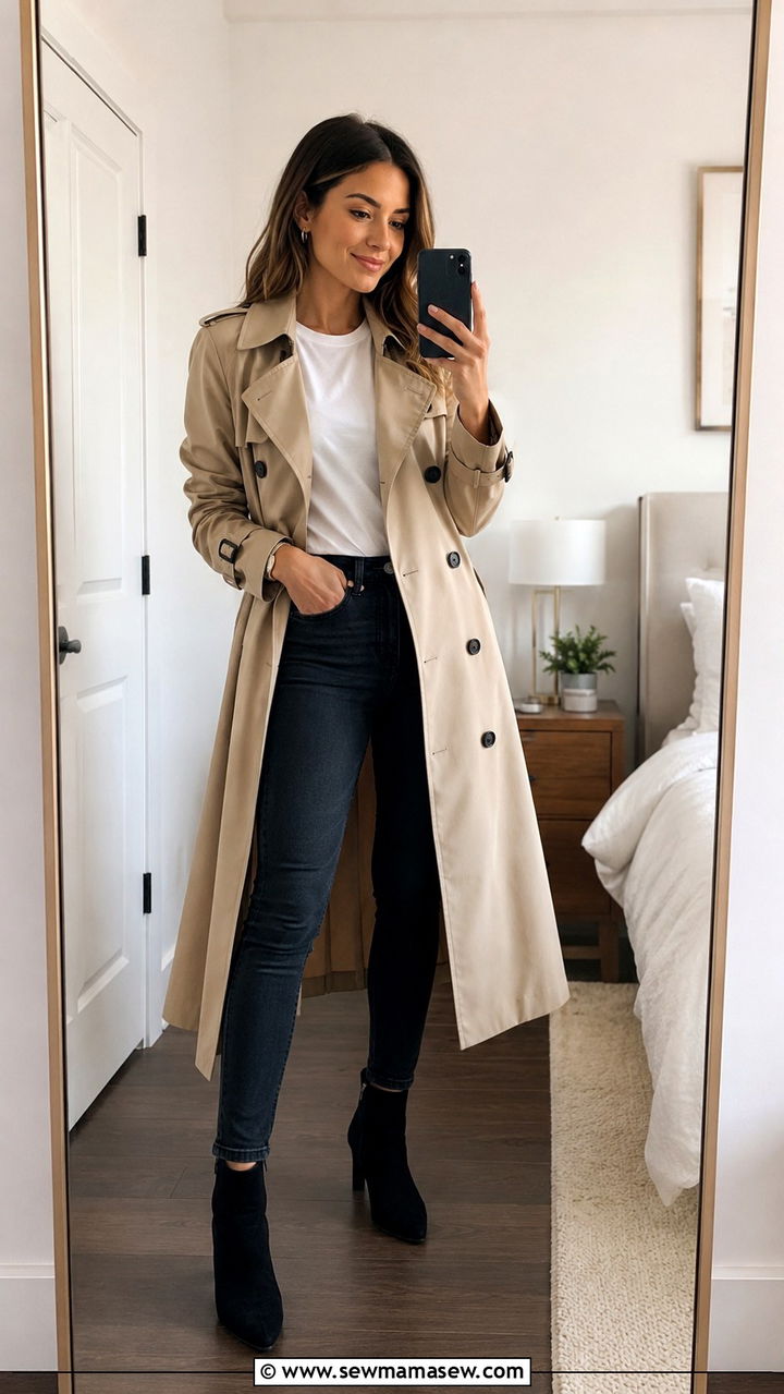 Petite classic beige trench coat with skinny jeans and heeled ankle boots - 25 Petite outfit ideas with trench coat