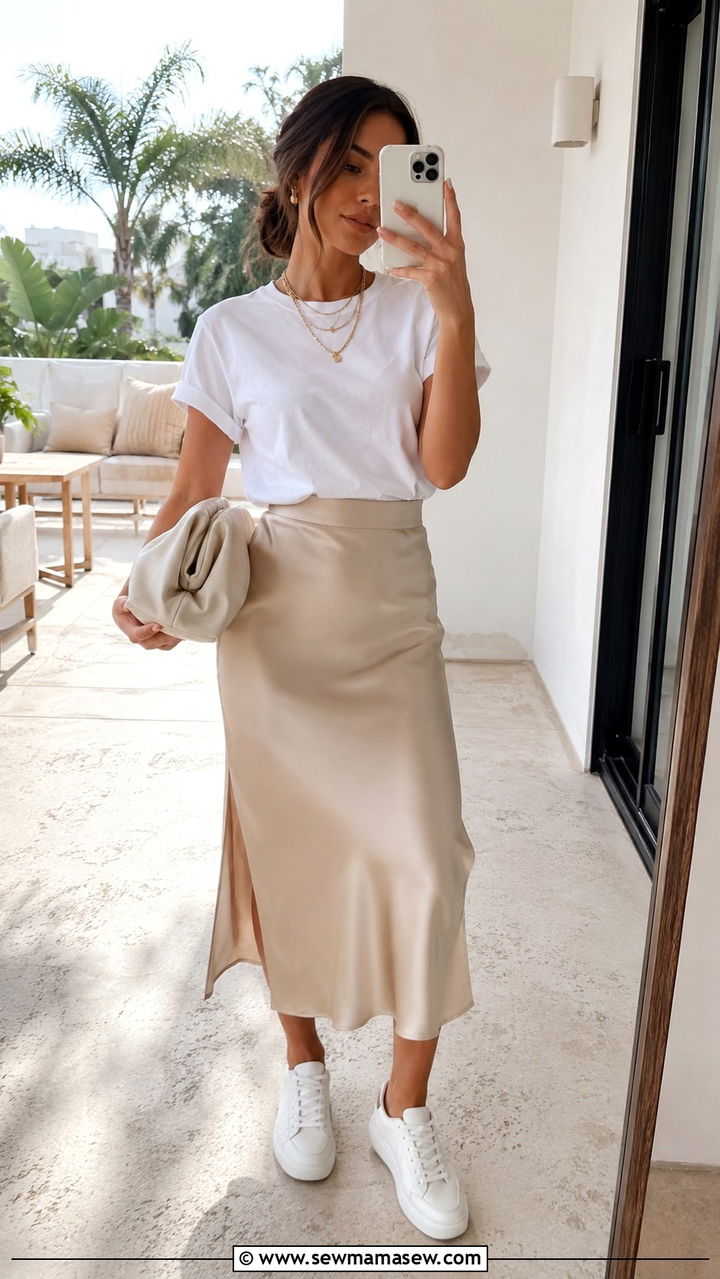 Petite crewneck tee with satin midi skirt and sneakers - 30 Resort wear outfit ideas petite