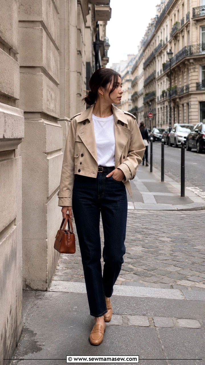 Petite cropped trench coat and straight leg jeans outfit - 25 Petite outfit ideas for travel