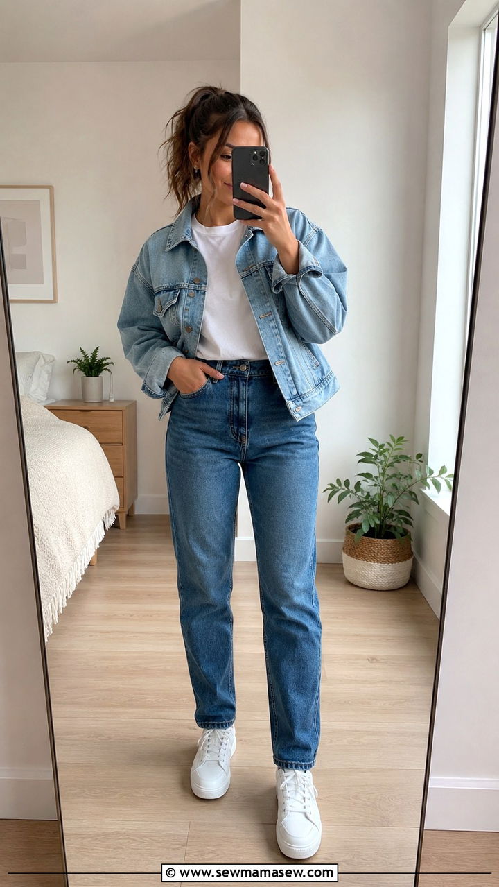 Petite double denim outfit with sneakers outfit - 25 Petite jeans outfit ideas with sneakers