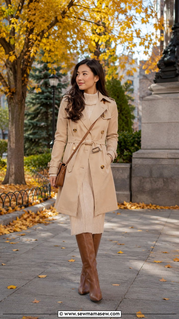 Petite fall work outfit with trench coat and midi knit dress - 25 Petite work capsule wardrobe