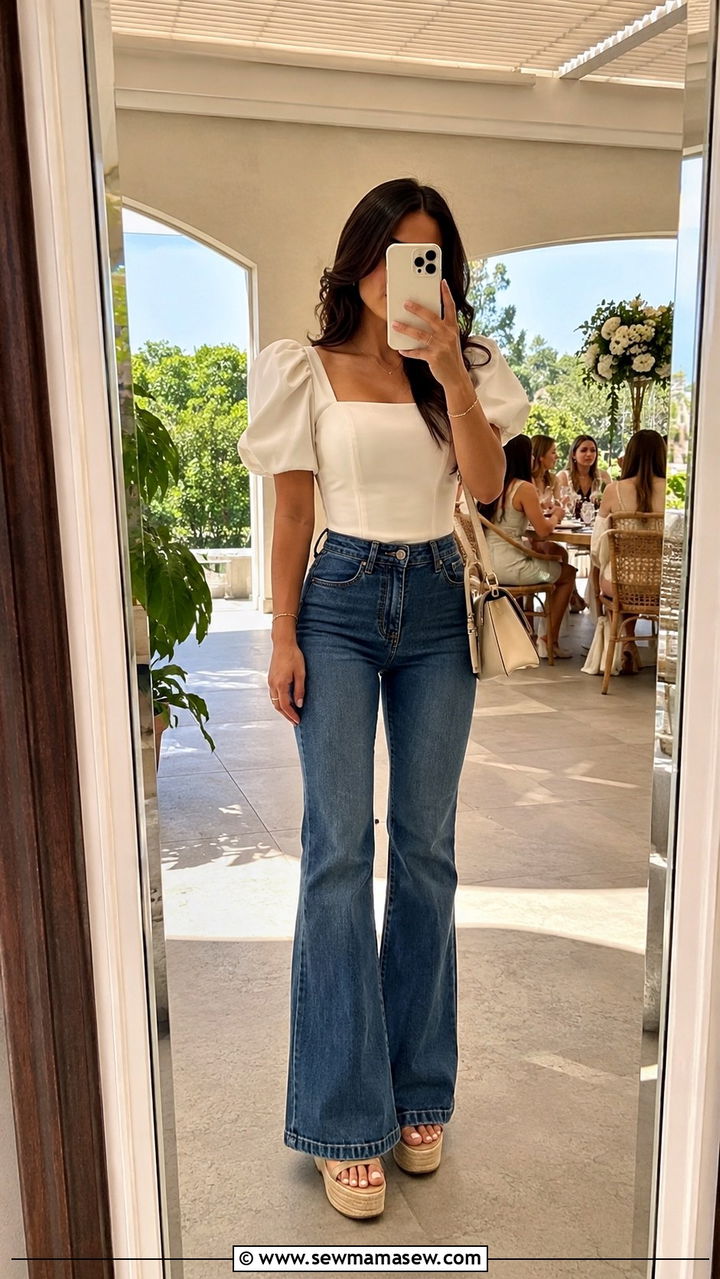 Petite flare jeans with puff sleeve top - 30 Petite jeans outfit ideas
