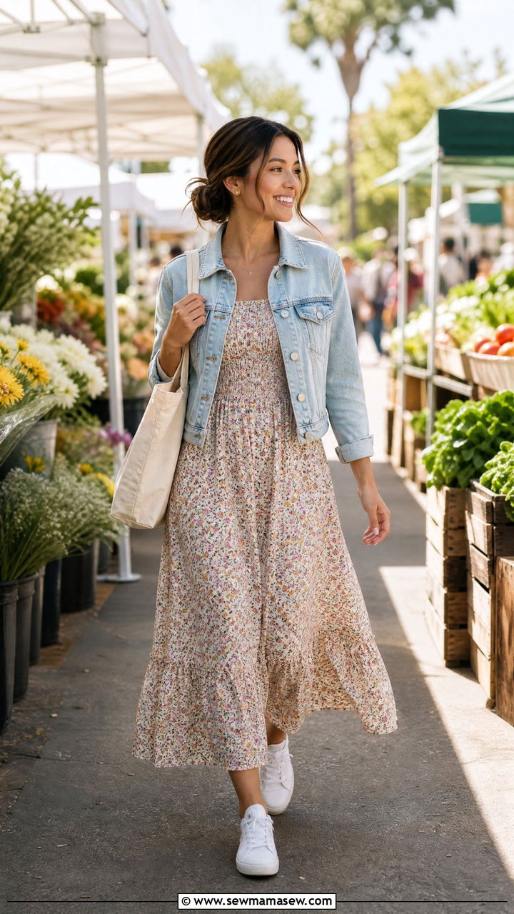 Petite floral maxi dress with cropped denim jacket - 25 Petite outfit ideas with maxi dress