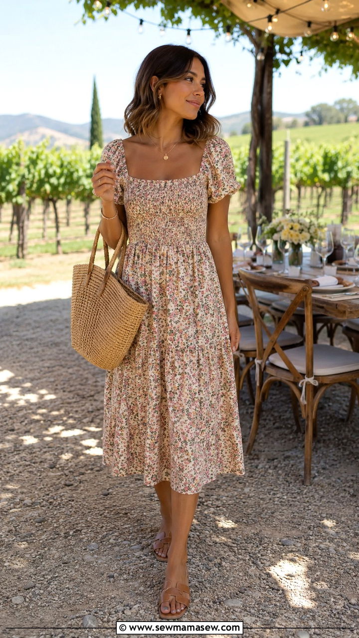 Petite floral midi dress and flat sandals outfit - 25 Petite outfit ideas for travel