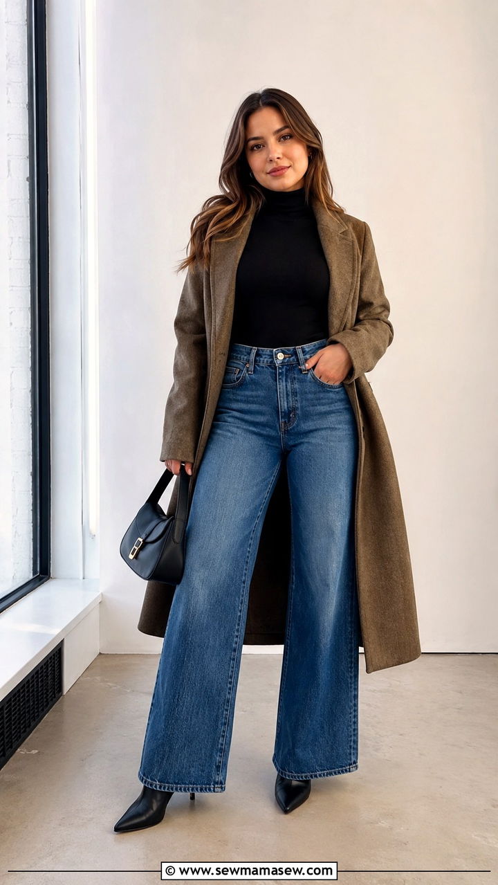 Petite high rise wide leg jeans with turtleneck - 30 Petite jeans outfit ideas
