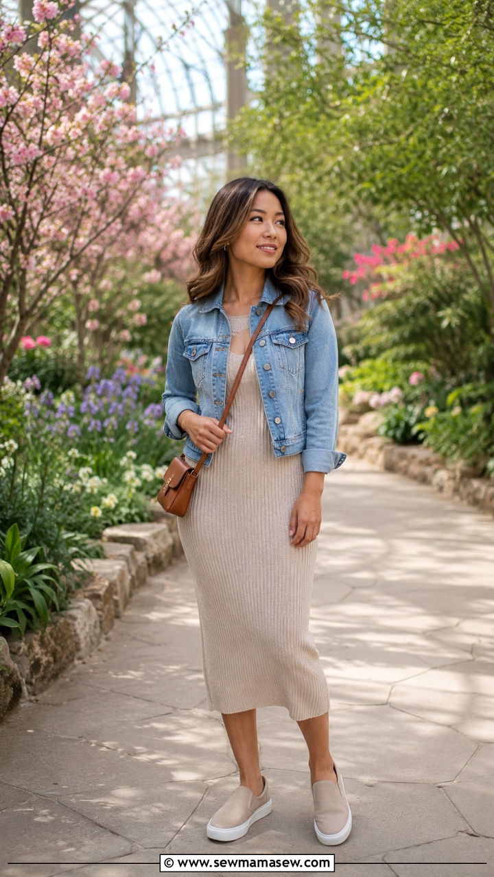 Petite knit dress with denim jacket for spring travel - 25 Petite outfit ideas for travel