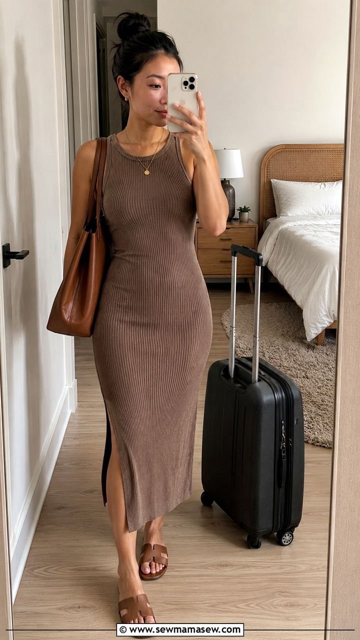 Petite knit ribbed dress with slide sandals - 25 Petite outfit ideas for vacation