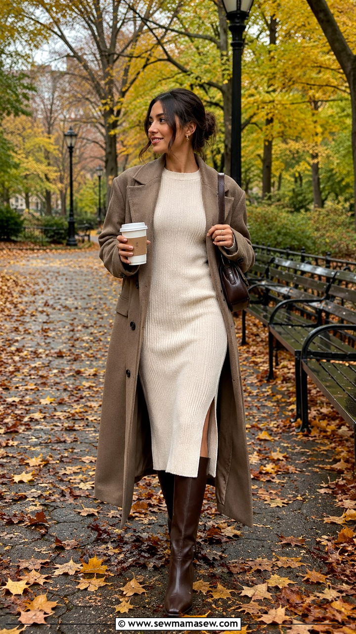Petite knit ribbed midi dress with knee high boots - 25 Midi dress petite outfit ideas