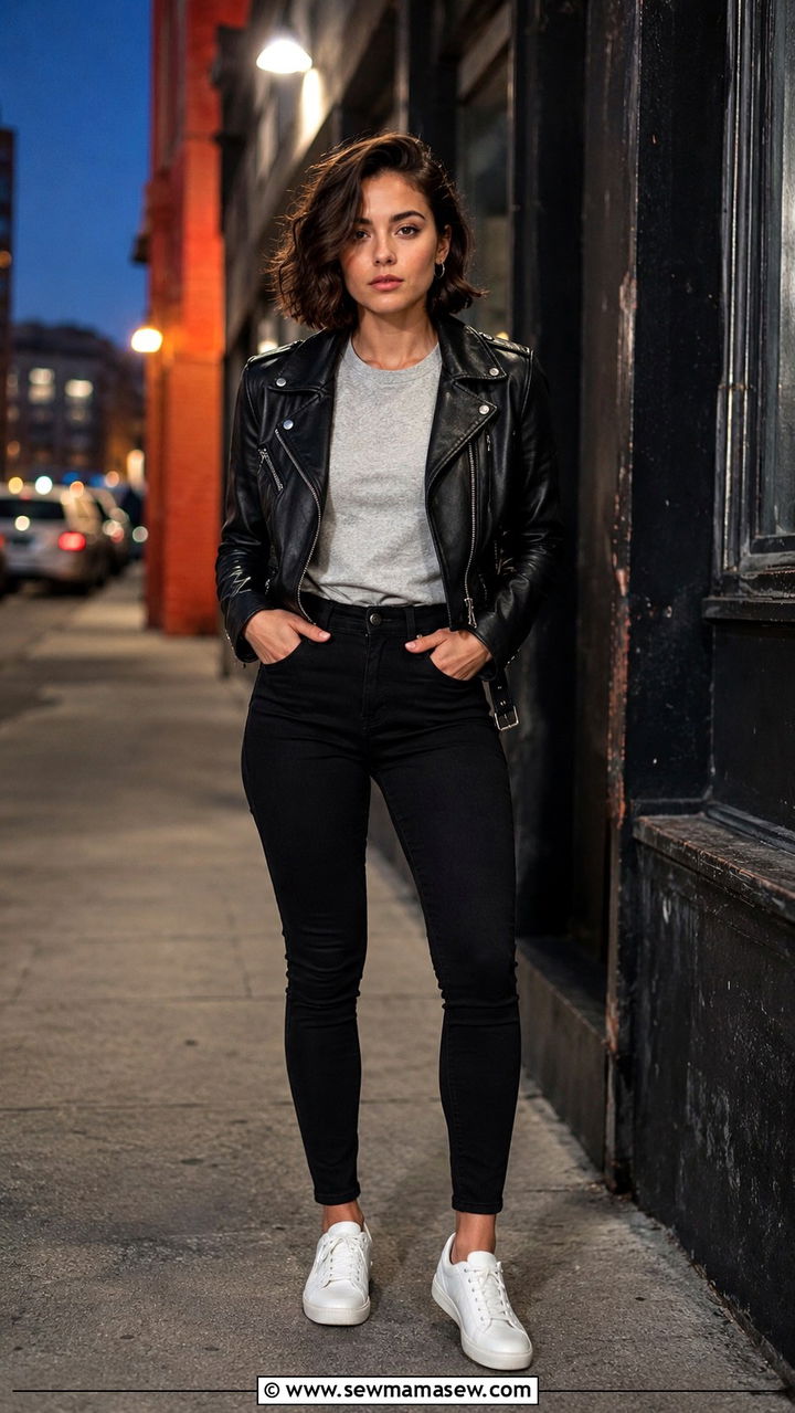 Petite leather jacket with jeans and sneakers outfit - 25 Petite jeans outfit ideas with sneakers
