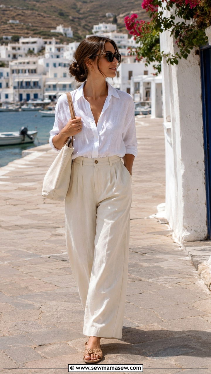 Petite linen button down and wide leg trousers outfit - 25 Petite outfit ideas for travel