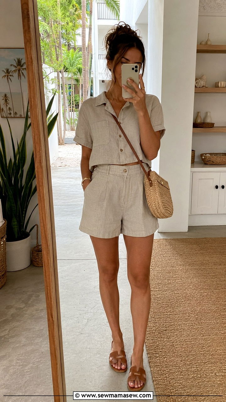 Petite linen matching set with flat sandals - 25 Petite outfit ideas for vacation