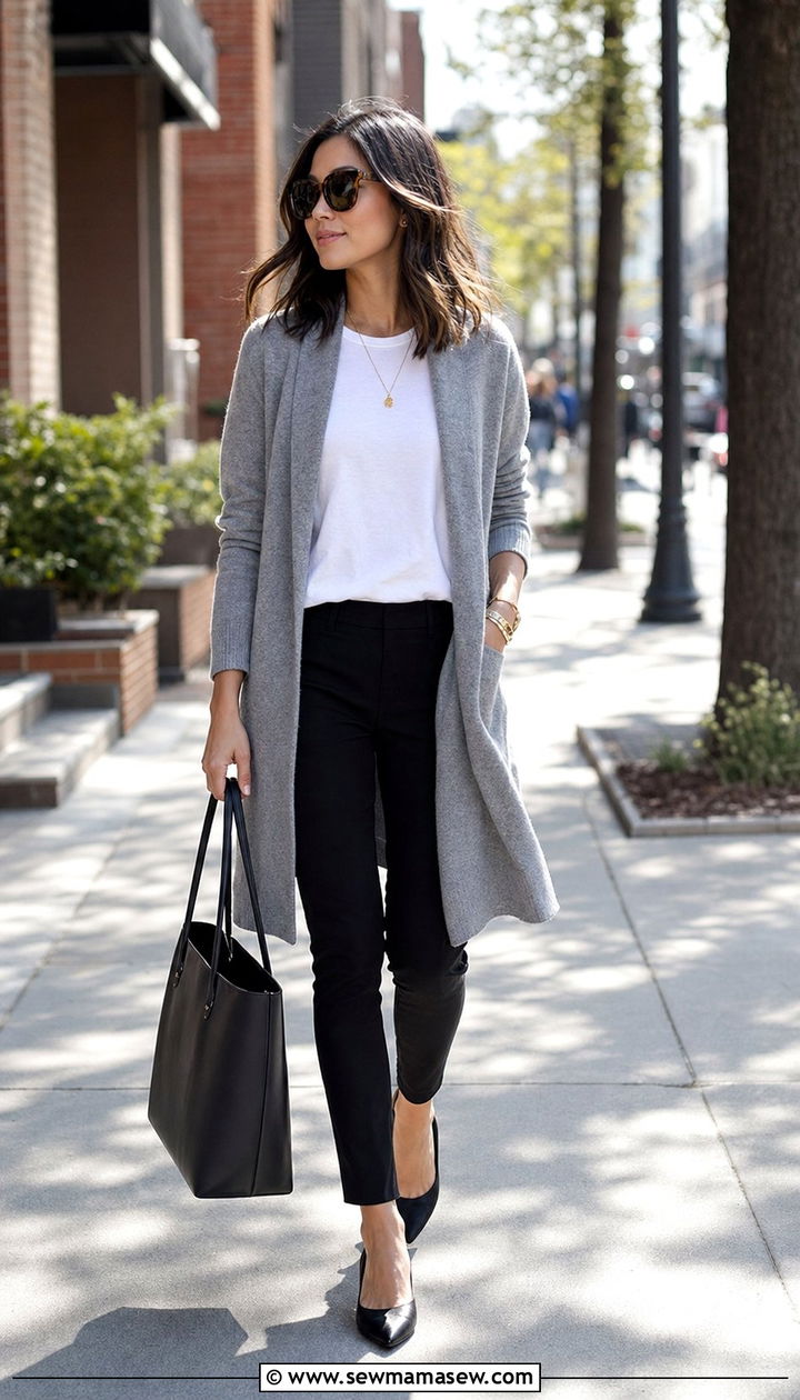 Petite long cardigan with slim fit trousers - 35 Business casual outfits for petite women