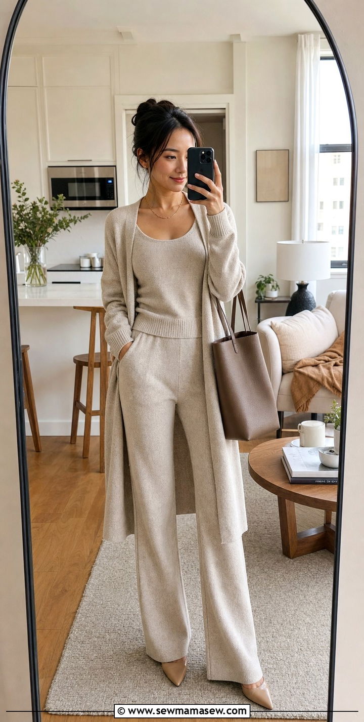 Petite matching knit set with long cardigan - 35 Business casual outfits for petite women