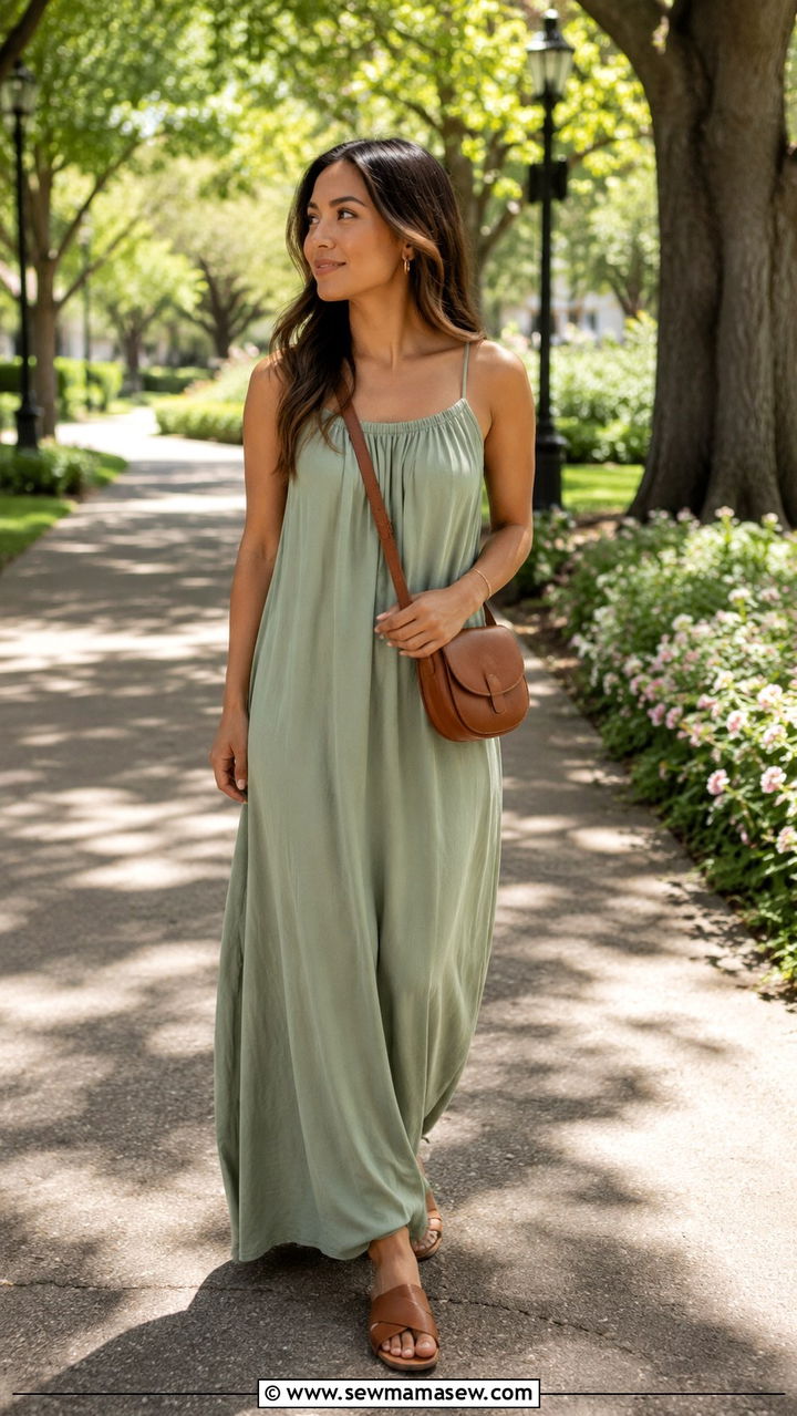 Petite maxi dress with crossbody bag and slide sandals - 25 Petite outfit ideas with maxi dress