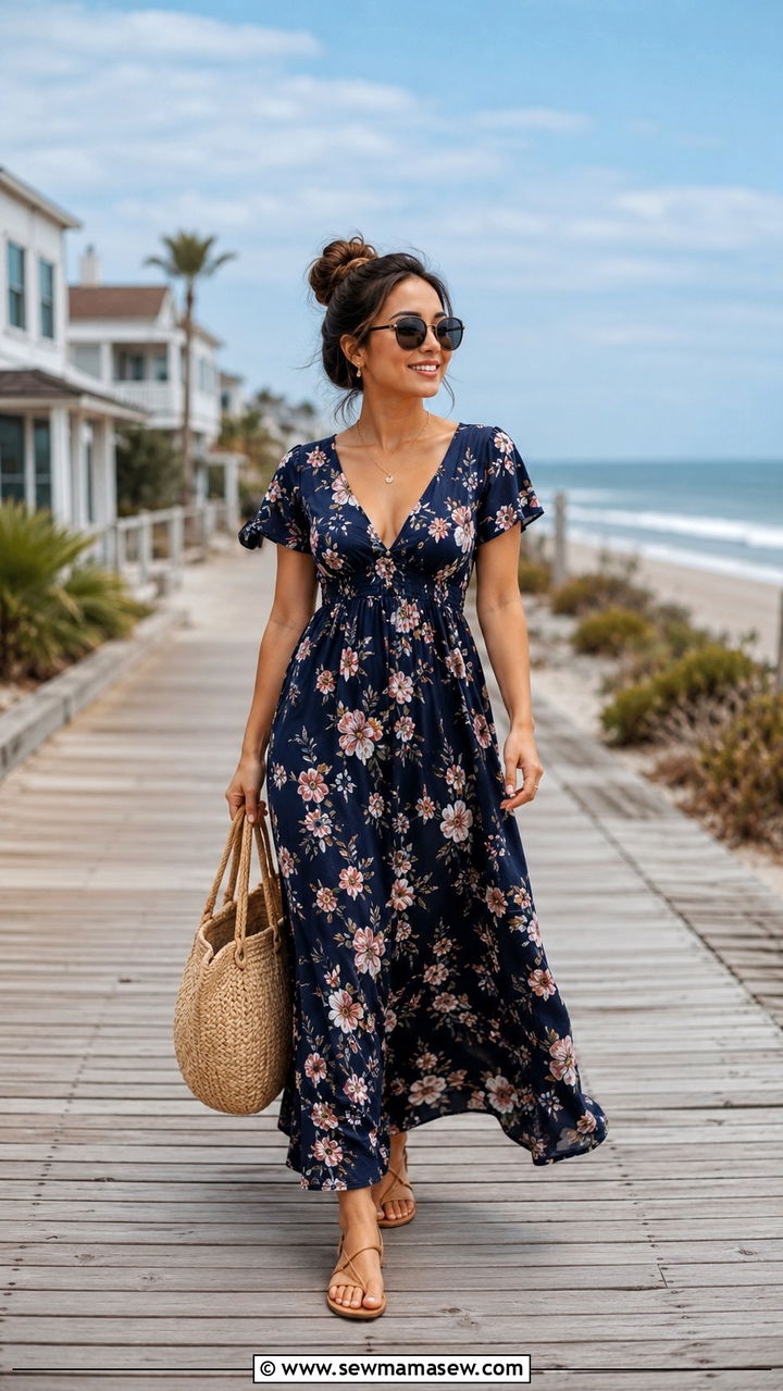 Petite maxi dress with flat strappy sandals and a straw tote - 25 Petite outfit ideas for moms