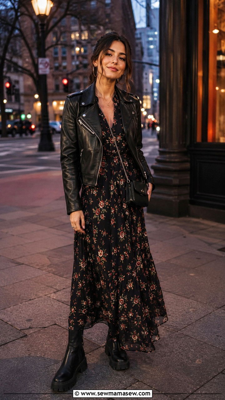 Petite maxi dress with moto jacket and chunky lug sole boots - 25 Petite outfit ideas with maxi dress