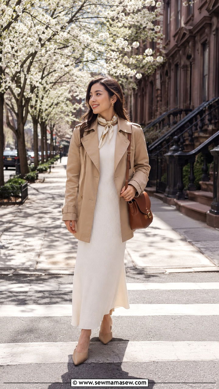 Petite maxi dress with trench coat and pointed toe mules - 25 Petite outfit ideas with maxi dress