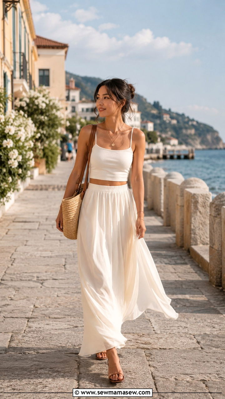 Petite maxi skirt travel outfit with cropped top - 25 Petite travel capsule wardrobe
