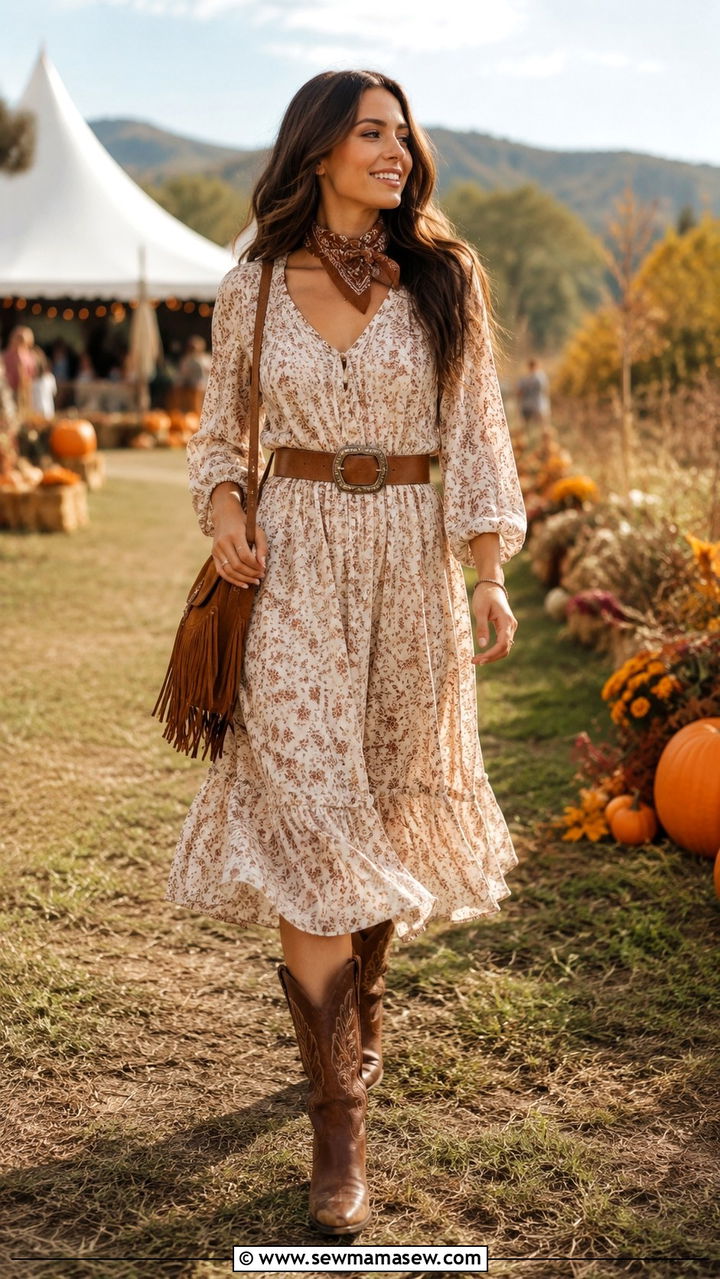 Petite midi dress with cowboy boots - 25 Midi dress petite outfit ideas