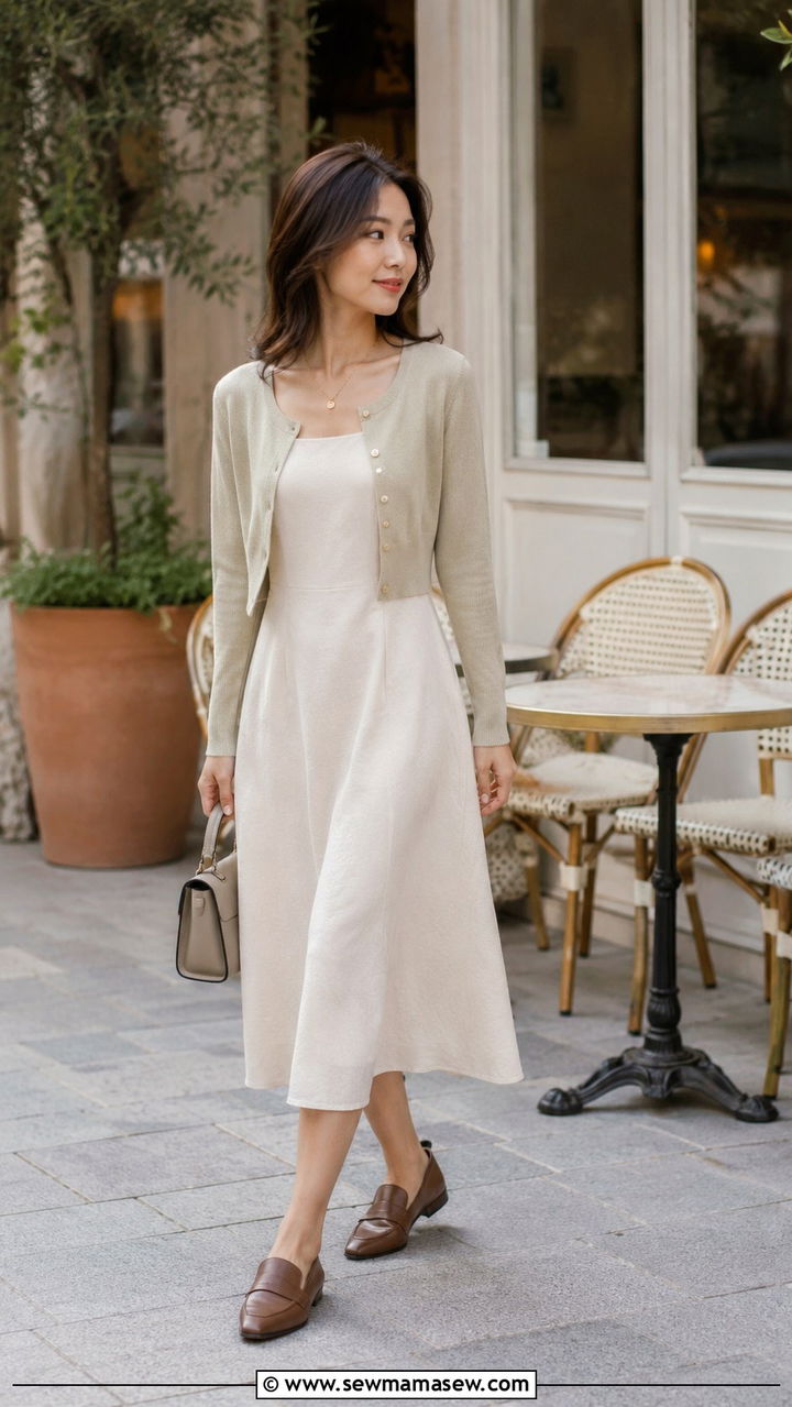 Petite midi dress with cropped cardigan and loafers - 25 Midi dress petite outfit ideas