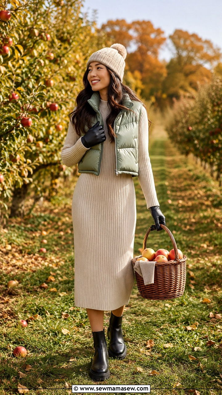 Petite midi dress with cropped puffer vest and lug sole boots - 25 Midi dress petite outfit ideas