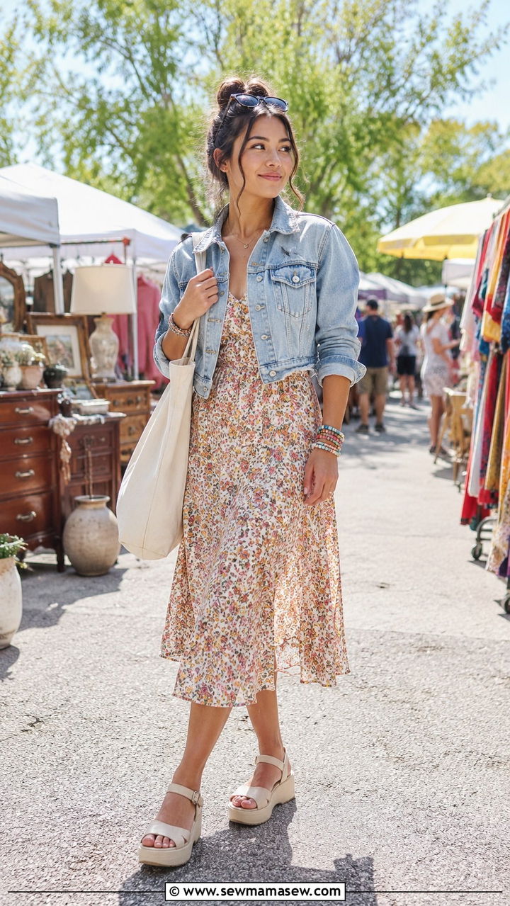 Petite midi dress with denim jacket and platform sandals - 25 Midi dress petite outfit ideas