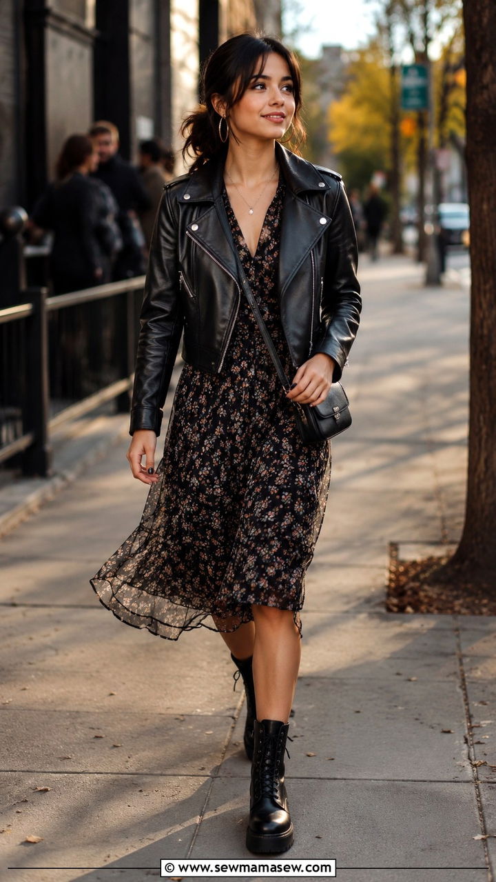 Petite midi dress with leather jacket and combat boots - 25 Midi dress petite outfit ideas