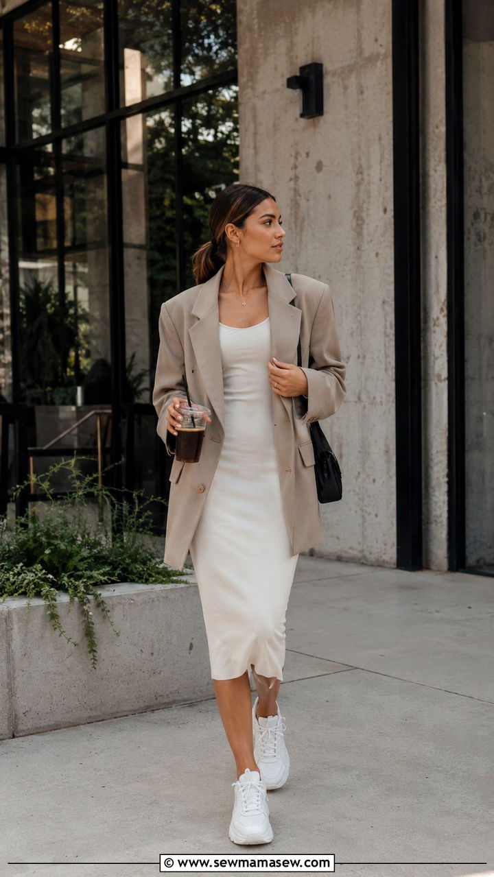 Petite midi dress with oversized blazer and sneakers - 25 Midi dress petite outfit ideas