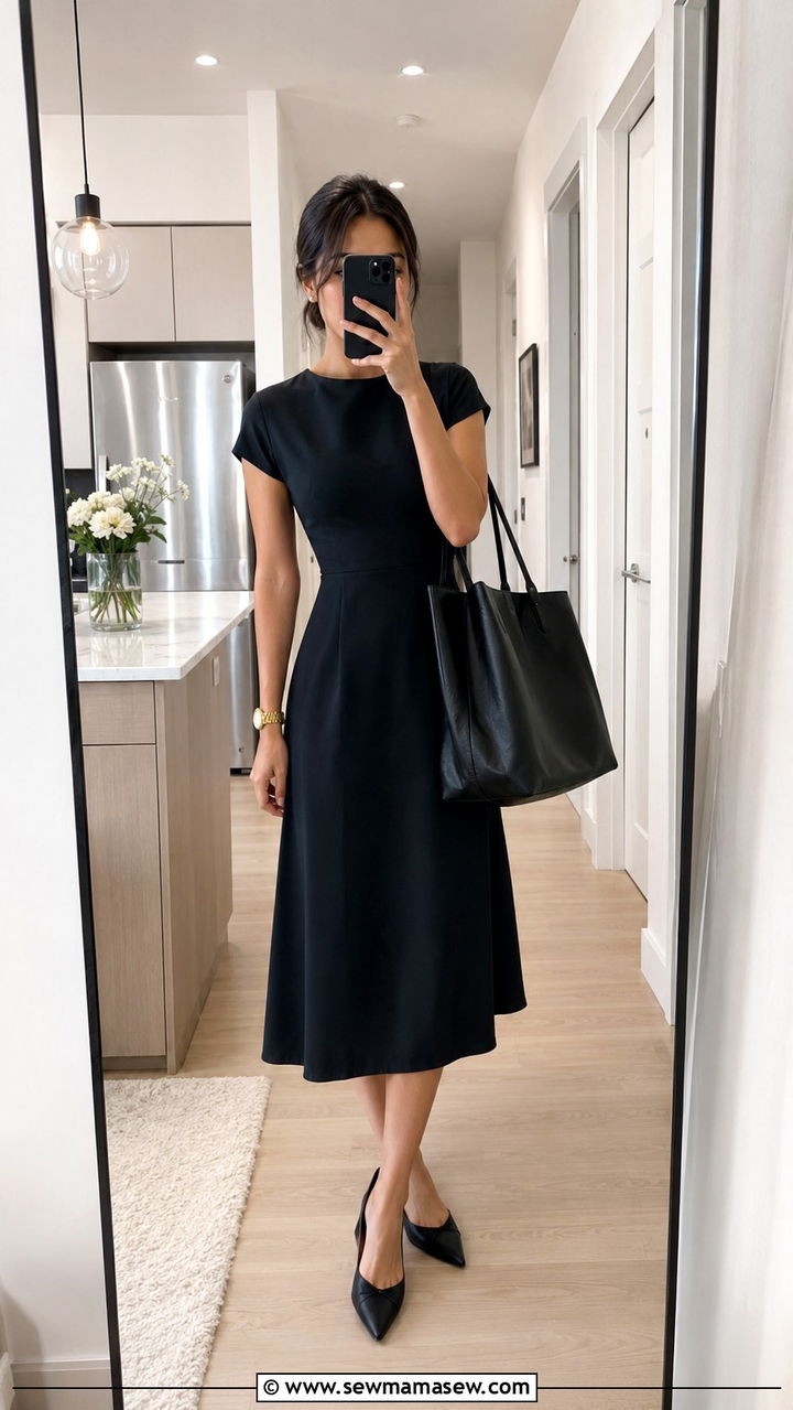 Petite midi dress with pointed toe flats and oversized tote - 25 Midi dress petite outfit ideas