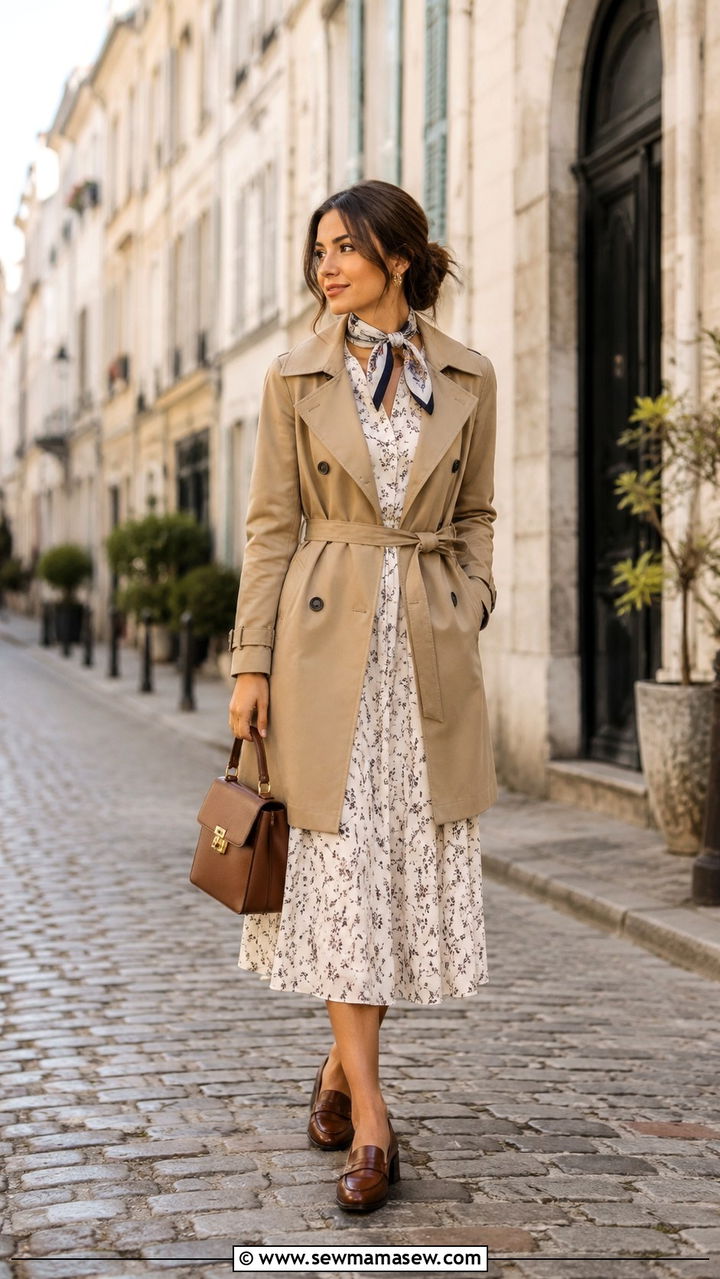 Petite midi dress with trench coat and heeled loafers - 25 Midi dress petite outfit ideas