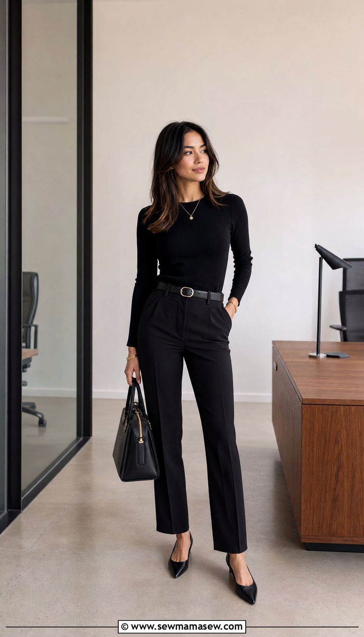 Petite monochrome all black slim fit outfit - 35 Business casual outfits for petite women