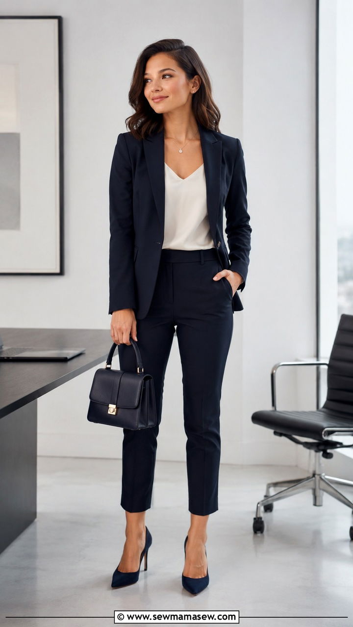 Petite monochrome suit outfit with silk shell and pointed pumps - 25 Petite work capsule wardrobe