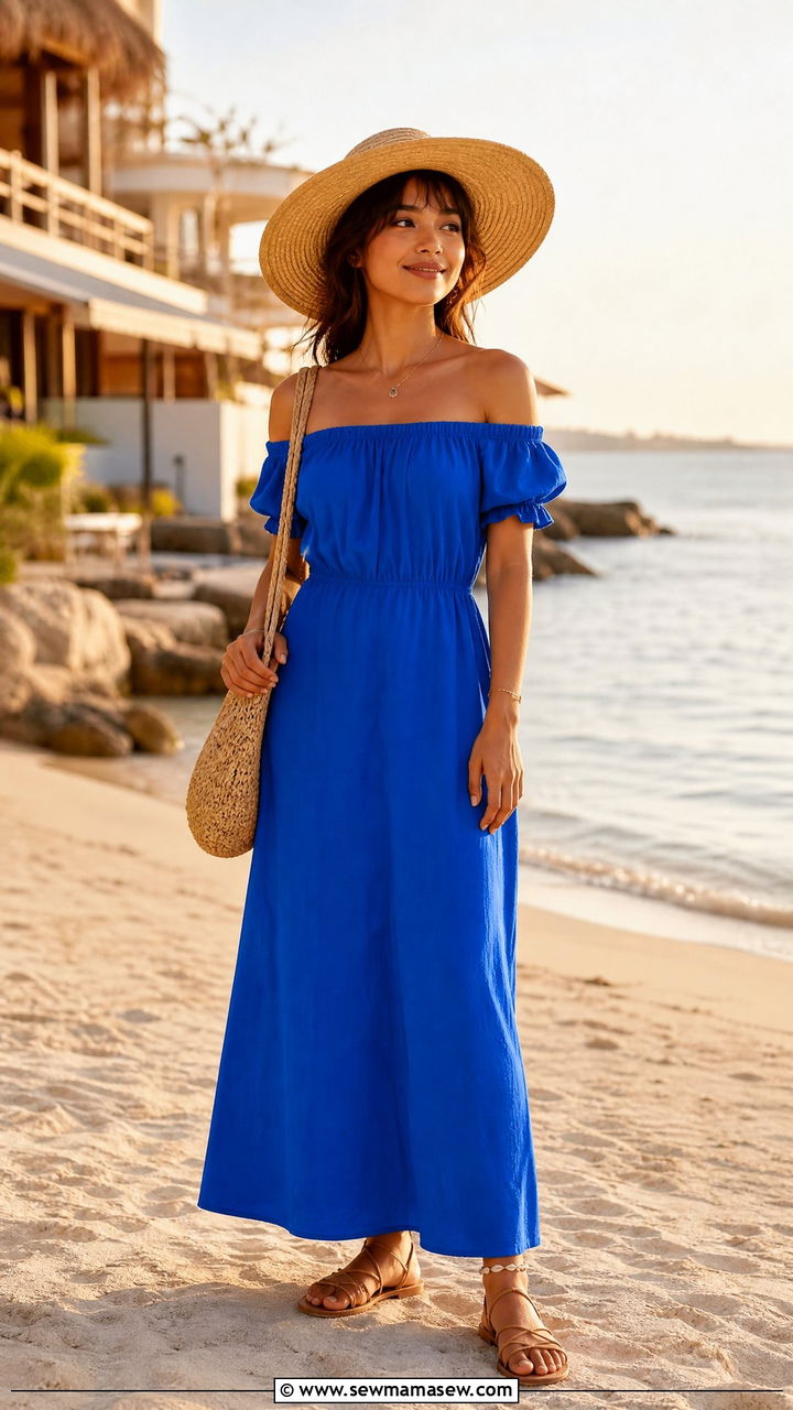Petite off the shoulder maxi dress with flat gladiator sandals - 30 Resort wear outfit ideas petite