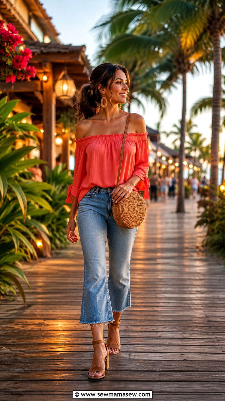 Petite off the shoulder top and cropped jeans outfit - 25 Petite outfit ideas for travel