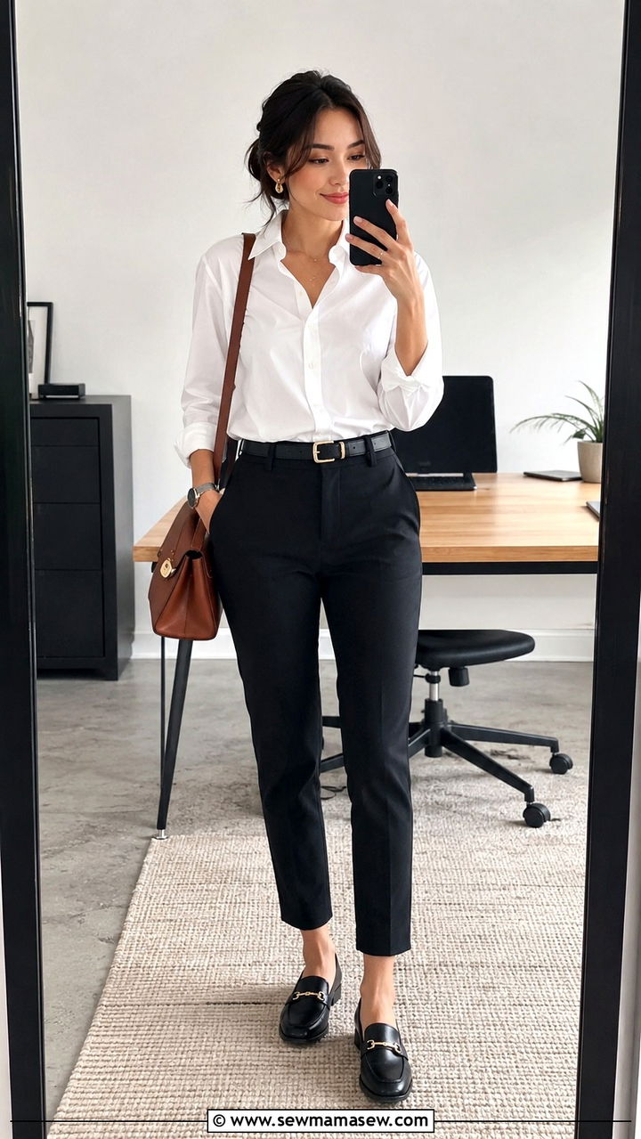 Petite office look with white button down and black ankle pants - 25 Petite work capsule wardrobe