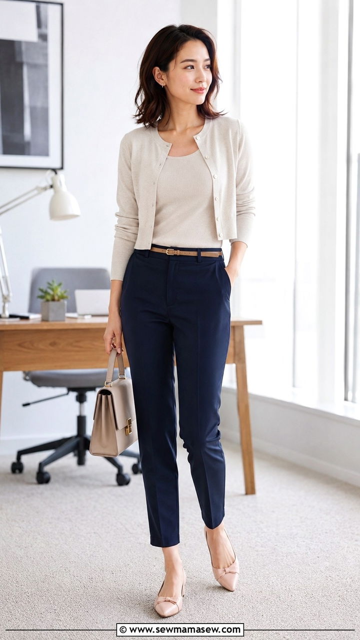 Petite office outfit with cropped cardigan and cigarette trousers - 25 Petite work capsule wardrobe